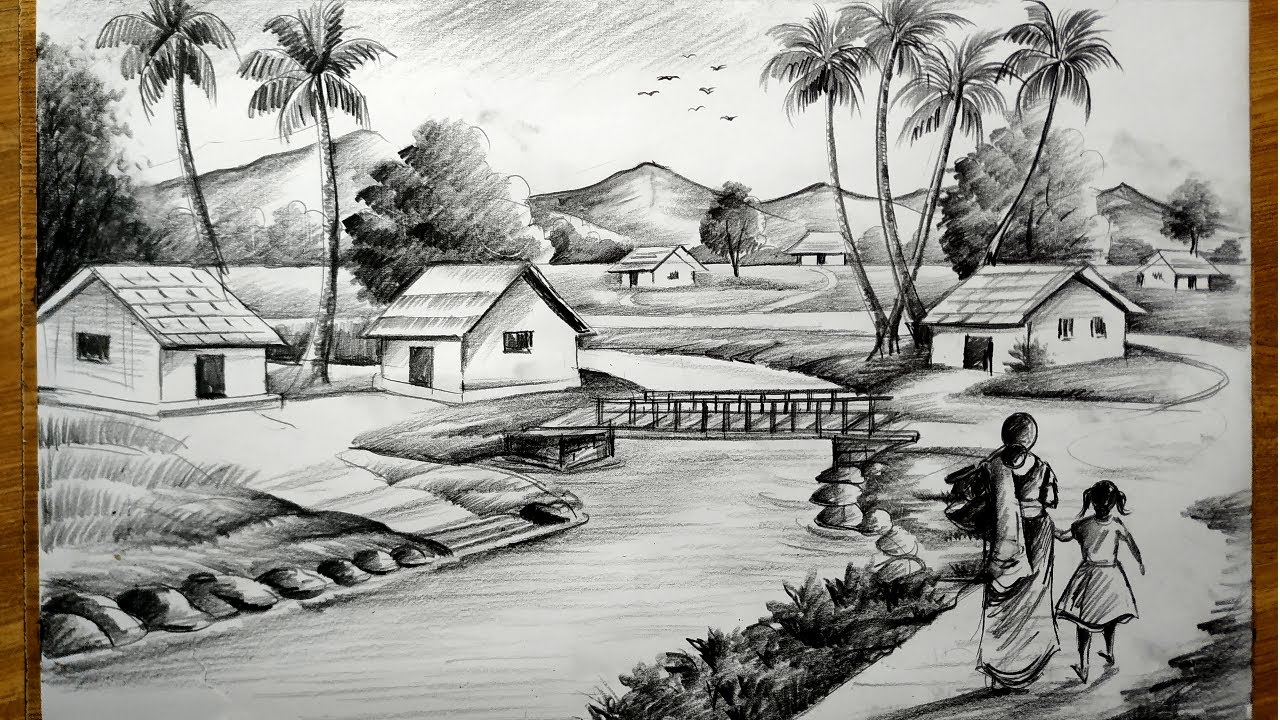 Scenery drawing with pencil || Village scenery drawing || Nature pencil  drawing - YouTube